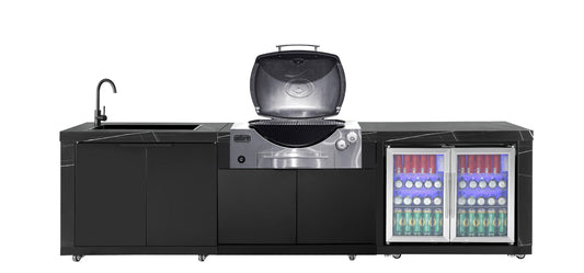 Rockpool Black Outdoor BBQ Kitchen Package to Suit Weber Family Q Inc Fridge, Sink, Faucet, BBQ Cover