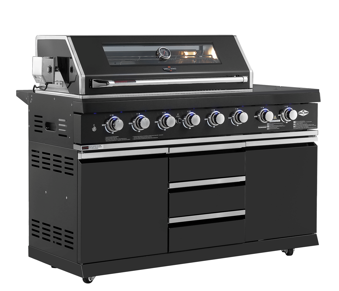 Kingsley 6-Burner Outdoor BBQ Kitchen + 188L Kegerator : Black Stainless Steel, Stone Bench, Fridge, Sink, Height Adjustable