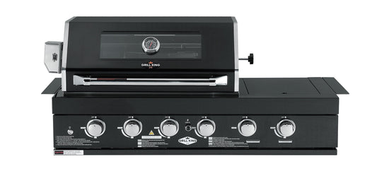 4 Burner + Wok Built In BBQ With Rear Infrared Burner | Black 304 Stainless Steel, Blue LED Knobs