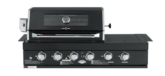 4 Burner + Wok Built In BBQ With Rear Infrared Burner | Black 304 Stainless Steel, Blue LED Knobs