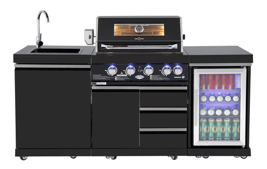 Kingsley 4 Burner Non Wok Black Stainless Steel BBQ Module (BBQ Only Fridge Sink Sold Seperate) | LPG Inc Rotisserie & BBQ Cover