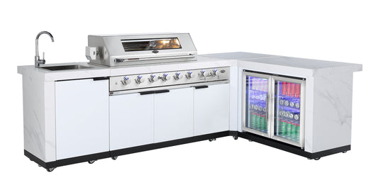 Rockpool White XL 6B + Wok L Shape Corner Complete Designer Outdoor Kitchen BBQ Package With Fridge, Sink