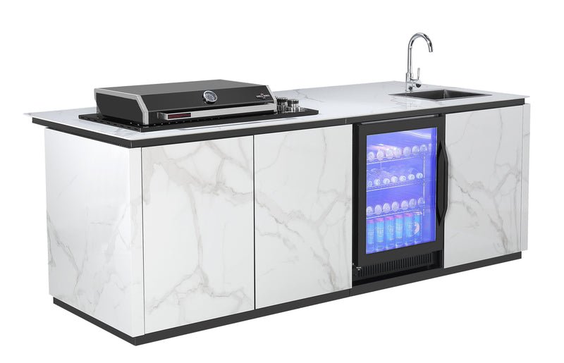 Grill King Bella 4B Drop In Alfresco Outdoor BBQ Kitchen Island | Fridge & Sink Combo High Grade White Stone Designer BBQ Inc Fridge, Sink, Faucet & BBQ Cover
