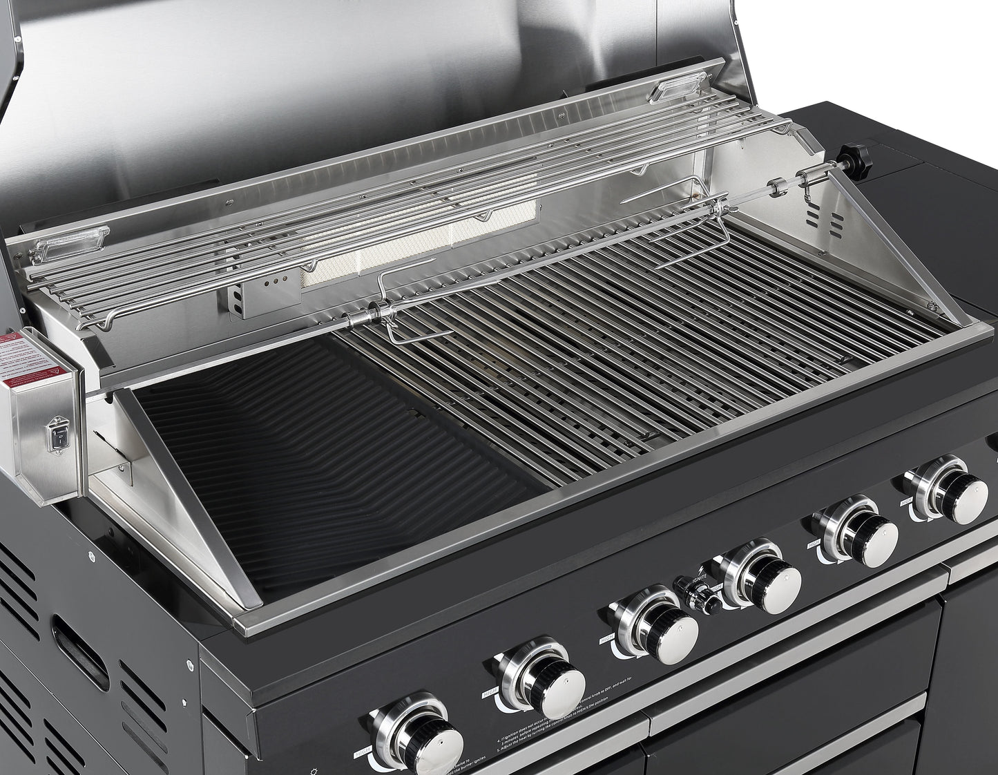 Kingsley 6-Burner Outdoor BBQ Kitchen + 188L Kegerator : Black Stainless Steel, Stone Bench, Fridge, Sink, Height Adjustable