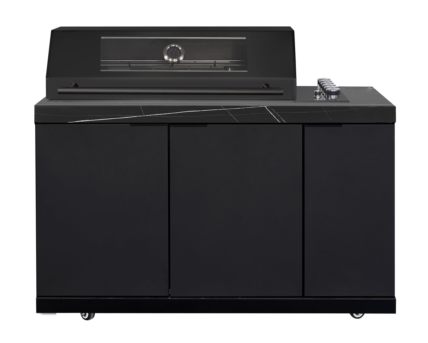 Rockpool Black 6B Drop In Raised Hood BBQ Kitchen Inc 3 Draws, Castors, Weather Resistant & Stone Benchtops