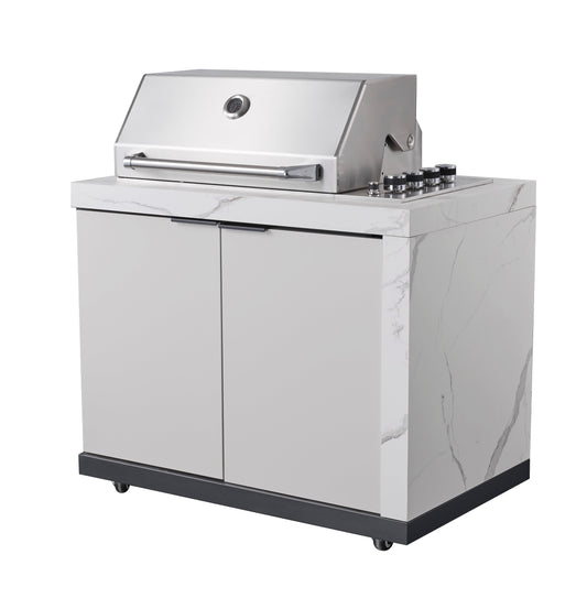 Rockpool White RHS Compact Series 4B Raised Hood BBQ Kitchen | 3 Drawers, Castors, Weather-Resistant, Stone Benchtops