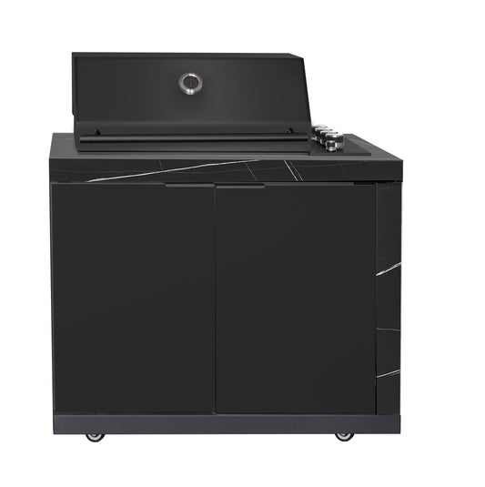 Rockpool Black RHS Compact Series 4B Raised Hood BBQ Kitchen | 3 Drawers, Castors, Weather-Resistant, Stone Benchtops
