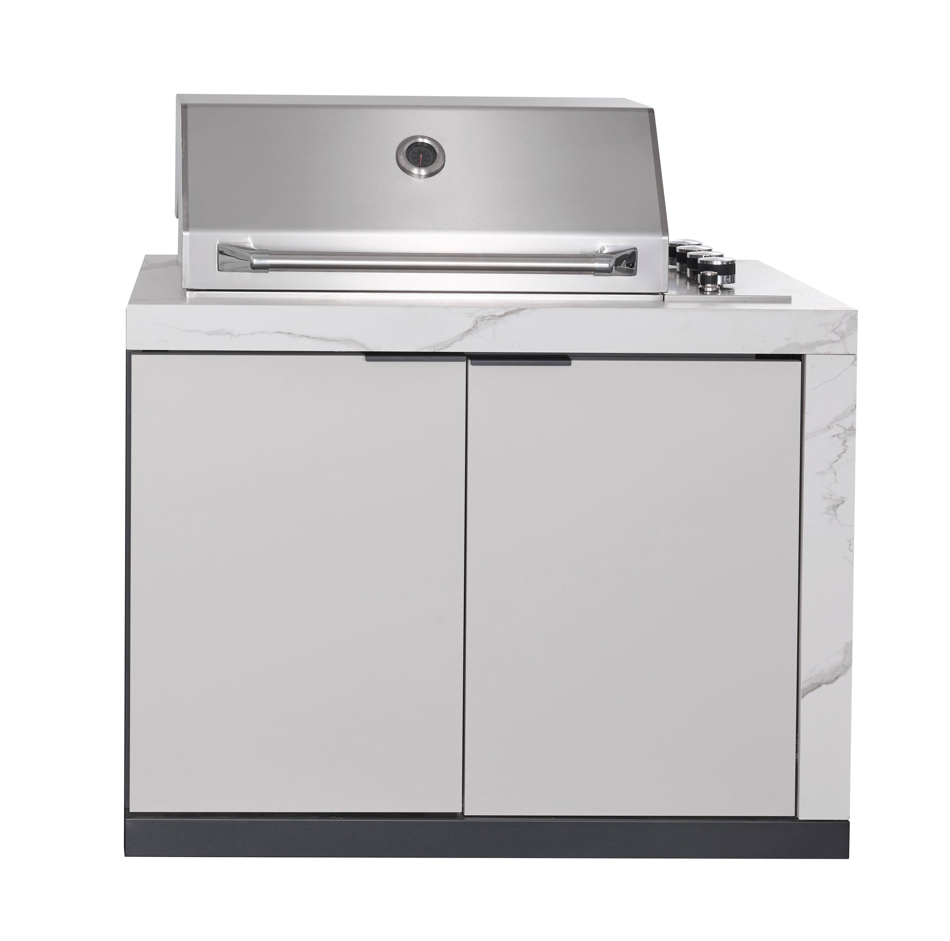 Rockpool White RHS Compact Series 4B Raised Hood BBQ Kitchen | 3 Drawers, Castors, Weather-Resistant, Stone Benchtops