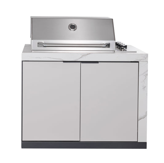 Rockpool White RHS Compact Series 4B Raised Hood BBQ Kitchen | 3 Drawers, Castors, Weather-Resistant, Stone Benchtops