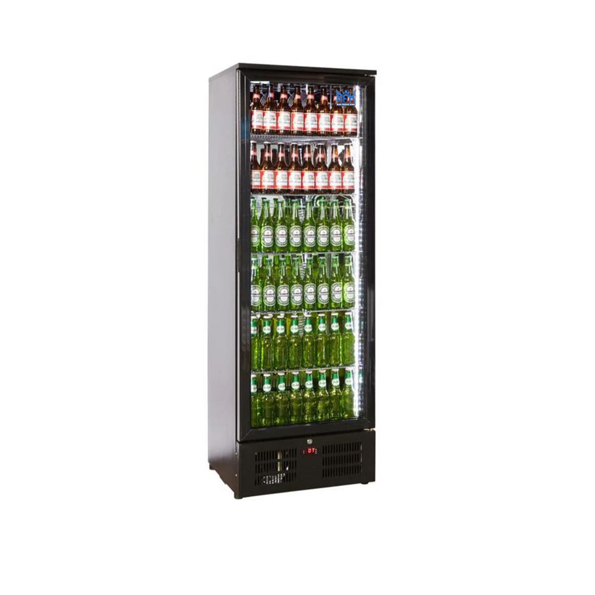 Tropical Rated Triple Glazed 293Ltr Single Door Upright Commercial Wine Bar Fridge Chiller Can Cooler in Black