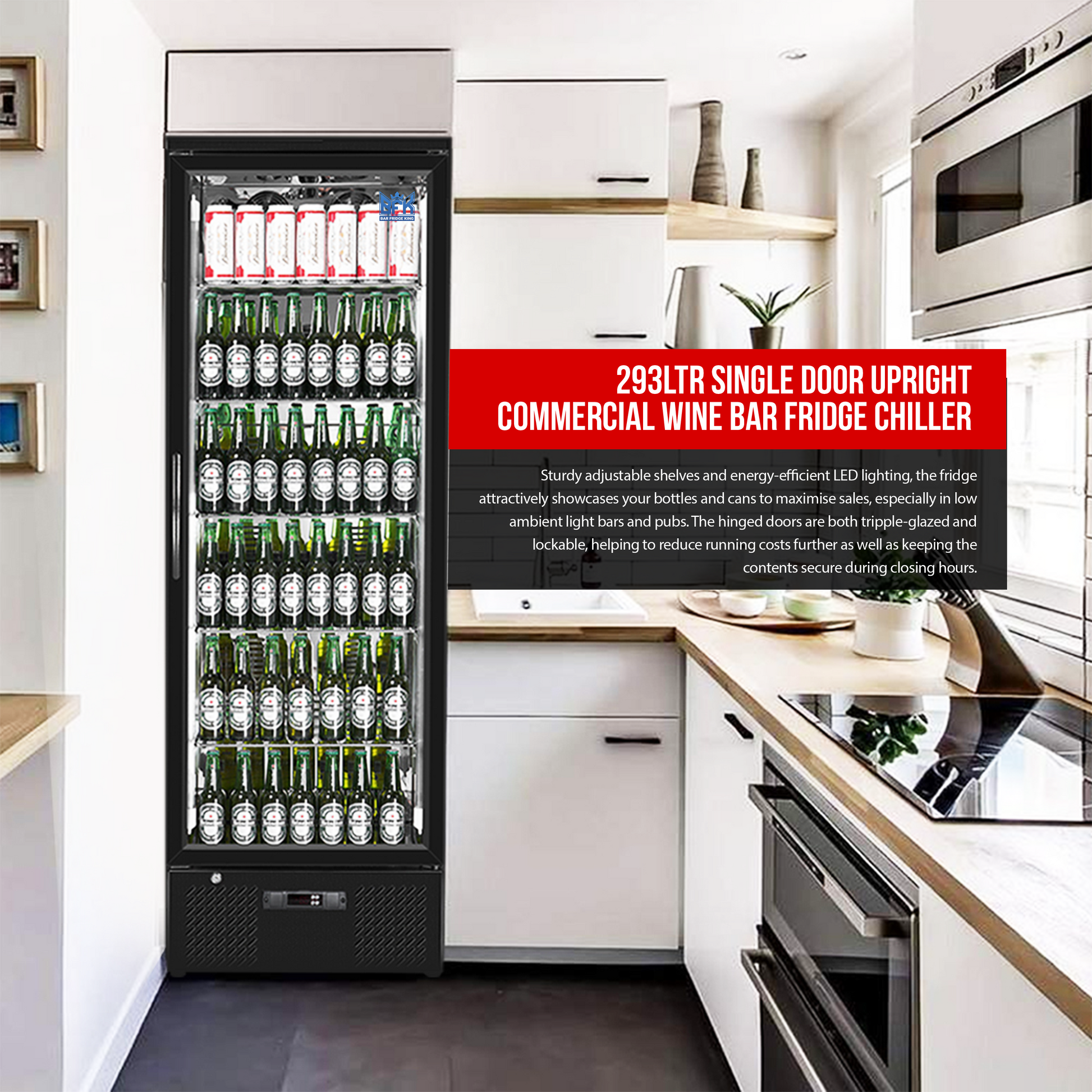 Tropical Rated Triple Glazed 293Ltr Single Door Upright Commercial Wine Bar Fridge Chiller Can Cooler in Black