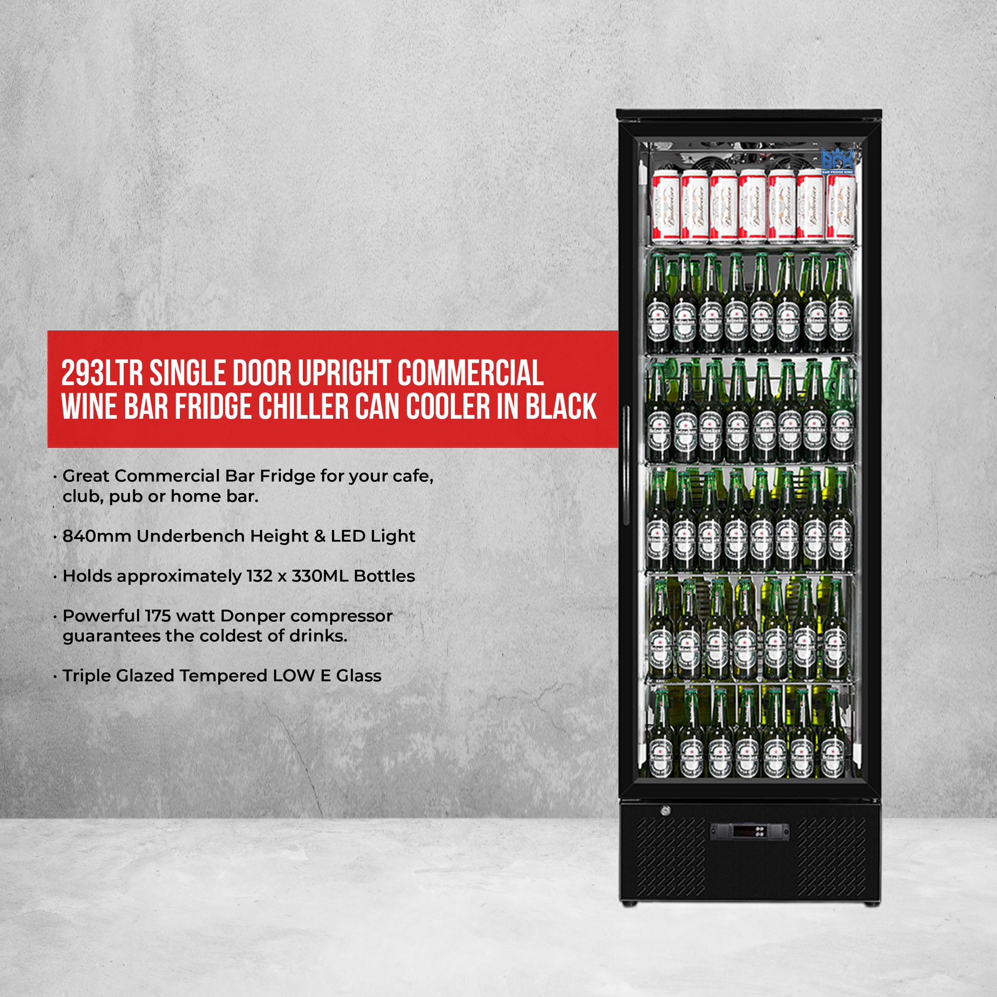 Tropical Rated Triple Glazed 293Ltr Single Door Upright Commercial Wine Bar Fridge Chiller Can Cooler in Black