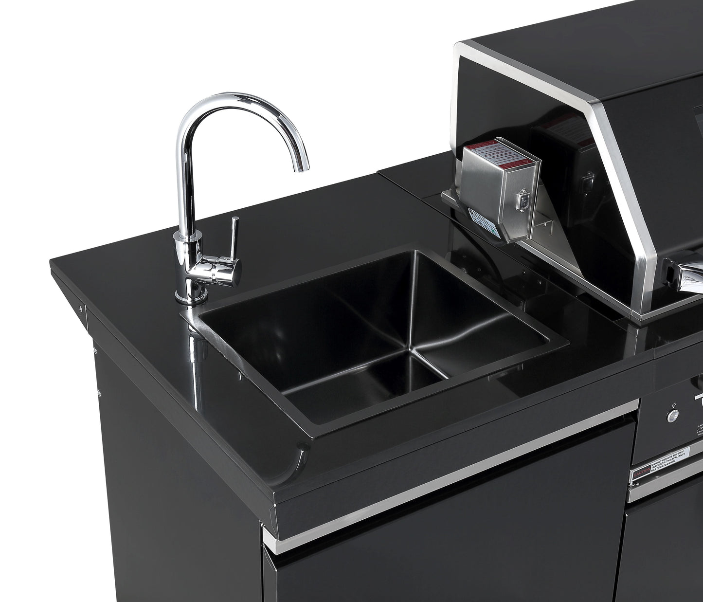 Kingsley 6-Burner Outdoor BBQ Kitchen + 188L Kegerator : Black Stainless Steel, Stone Bench, Fridge, Sink, Height Adjustable