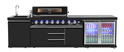 test rey 1 Kingsley 6-Burner Outdoor BBQ Kitchen: Black Stainless Steel, Stone Bench, Fridge, Sink, Height Adjustable