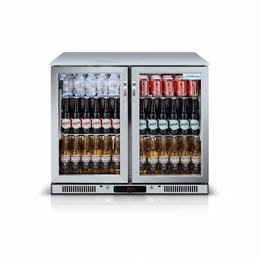 Tropical Rated Triple Glazed 304 SS 2-Door Stainless Steel Under Counter Can Cooler Wine Bar Fridge 208L
