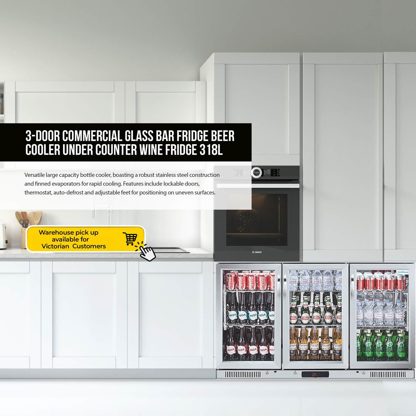 Free Metro Shipping Tropical Rated Triple Glazed 3-Door Commercial Glass Bar Fridge Beer Cooler Under Counter Wine Fridge 318L