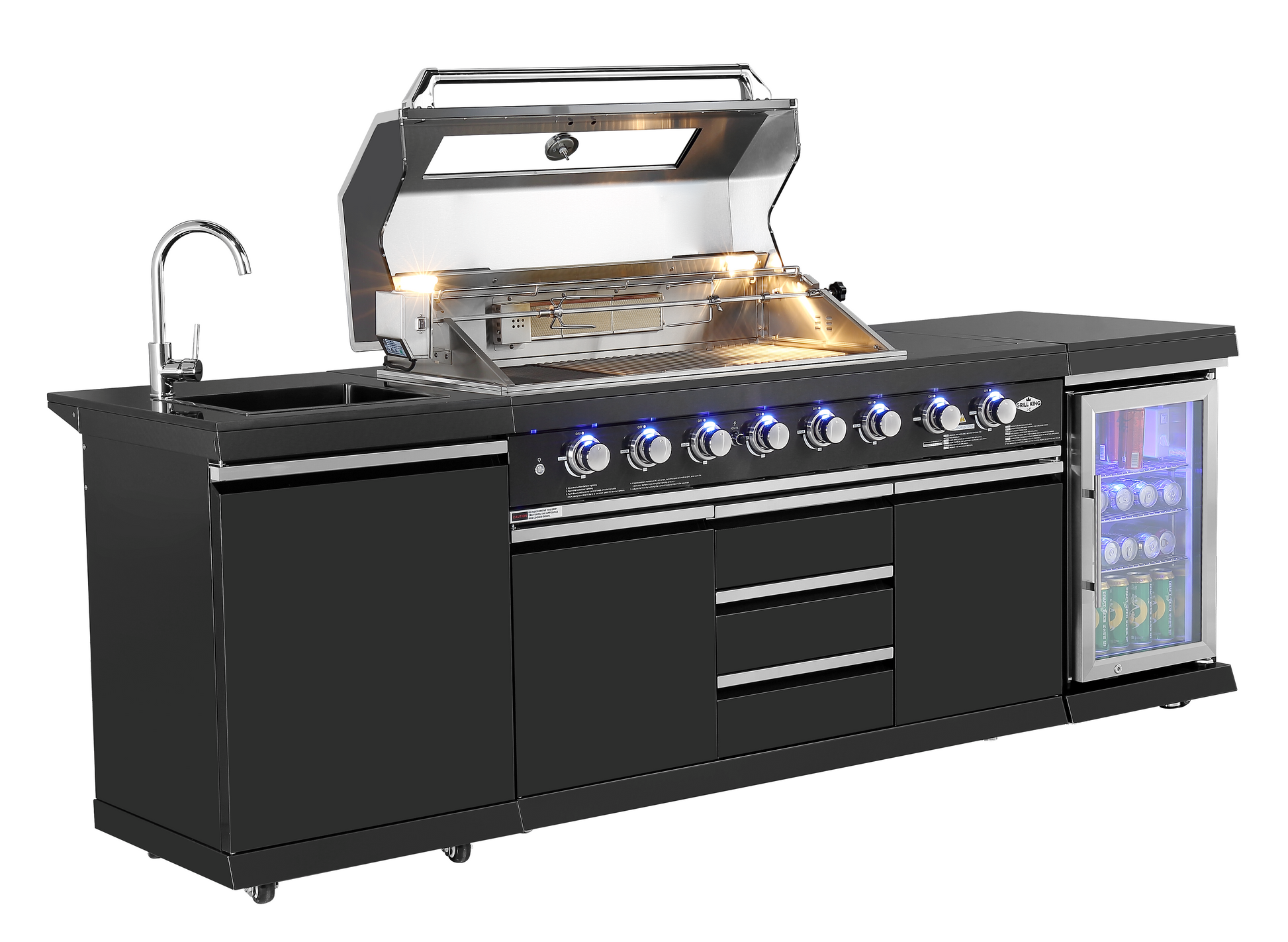 Kingsley 6-Burner Outdoor BBQ Kitchen + 188L Kegerator : Black Stainless Steel, Stone Bench, Fridge, Sink, Height Adjustable, Rotisserie with BBQ Cover