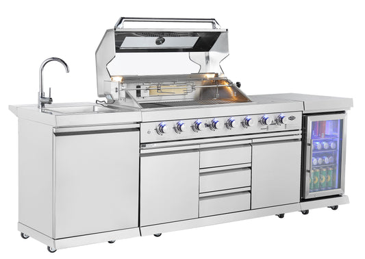Hurricane 6-Burner Outdoor Kitchen 304 Stainless Steel BBQ Package Inc Triple Fridge, Sink, 3 Drawer Storage, Side Wok & Rear Infrared Burner