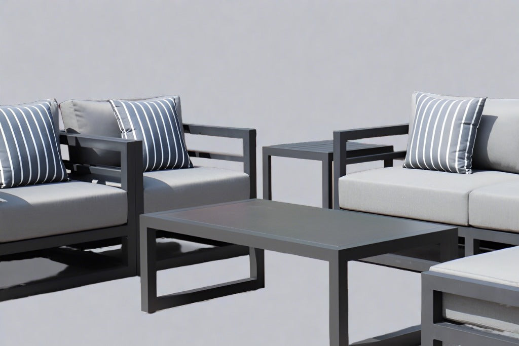 7 Piece Charcoal Aluminium Hampton Style Outdoor Furniture Lounge Set Weather Resistant 3 Seater, 1+1 + Coffee Table & 2x Side tables