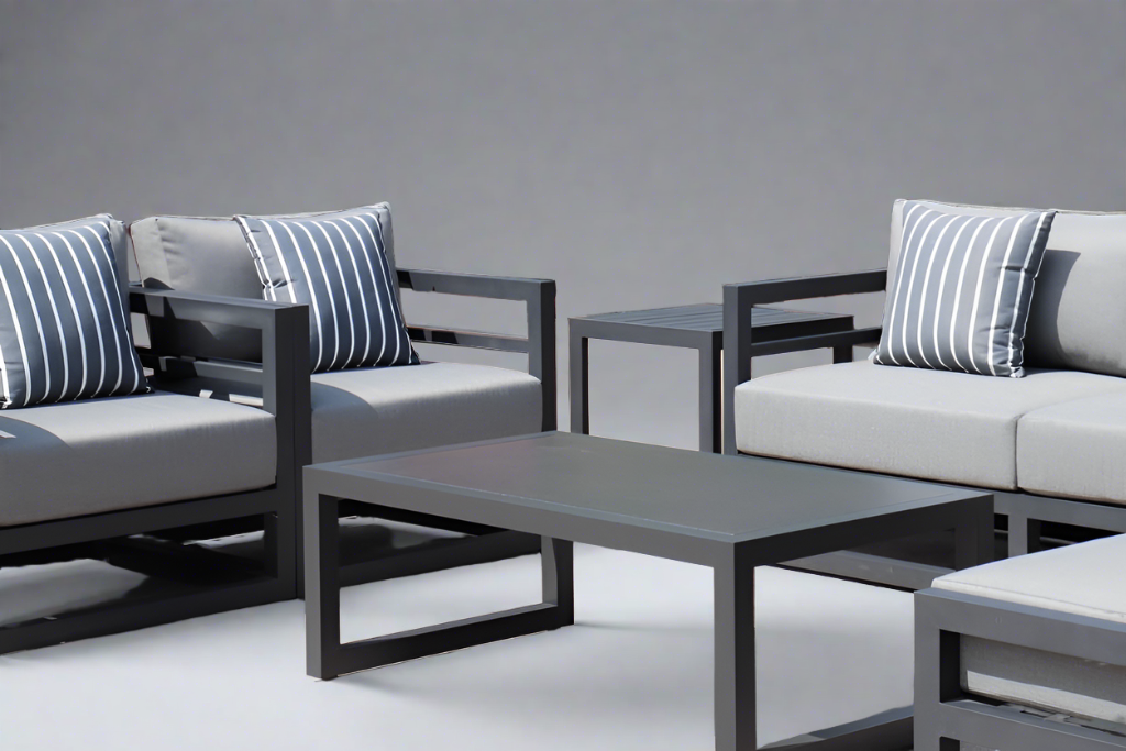 7 Piece Charcoal Aluminium Hampton Style Outdoor Furniture Lounge Set Weather Resistant 3 Seater, 1+1 + Coffee Table & 2x Side tables