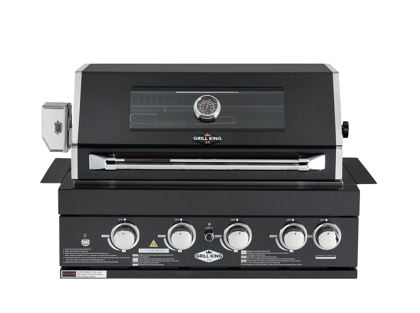 Grill King Signature Series Outdoor BBQ Kitchen Package – Rockpool Black Stone Bench-Top, Black Aluminium Cabinets | 4-Burner Built-In BBQ + Rotisserie + 150L Outdoor Fridge