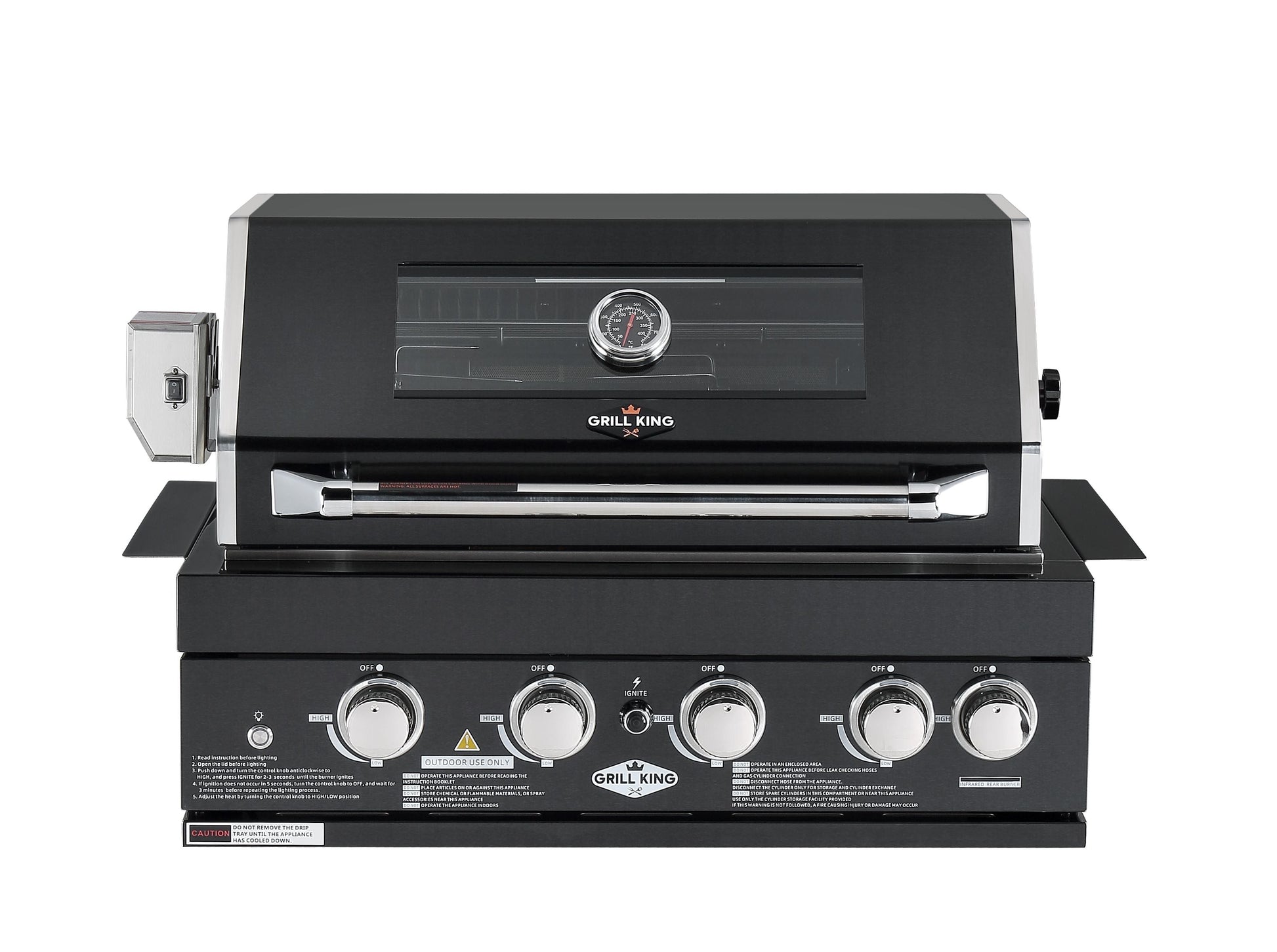 Grill King Signature Series Outdoor BBQ Kitchen Package – Rockpool Black Stone Bench-Top, Black Aluminium Cabinets | 4-Burner Built-In BBQ + Rotisserie + 150L Outdoor Fridge