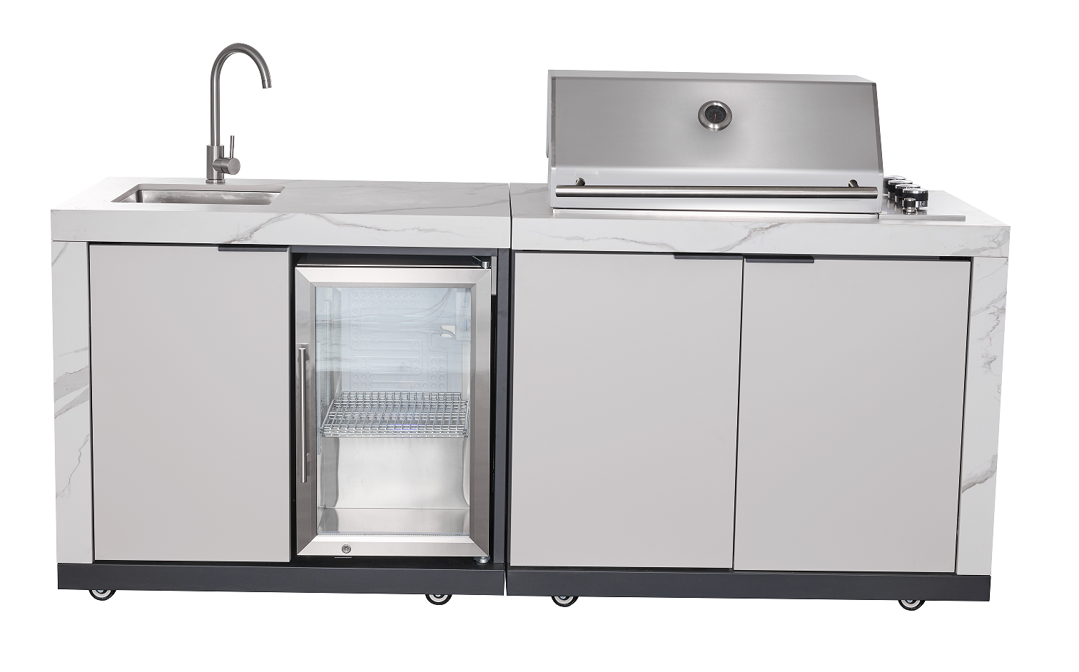 Rockpool White RHS Compact Series 4B Raised Hood BBQ Kitchen | 3 Drawers, Castors, Weather-Resistant, Stone Benchtops
