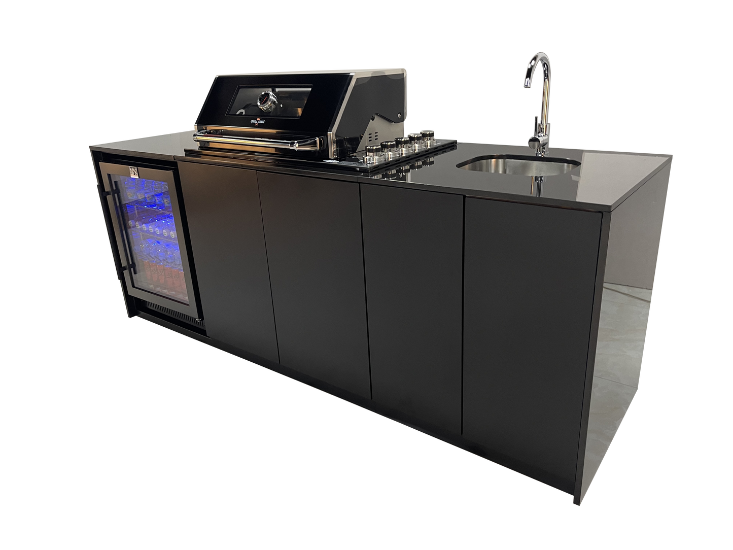 Grill King Signature Series 6 Burner Outdoor BBQ Kitchen Package – Black Stone Benchtop, Black Aluminium Cabinets, Built-In BBQ + Rotisserie