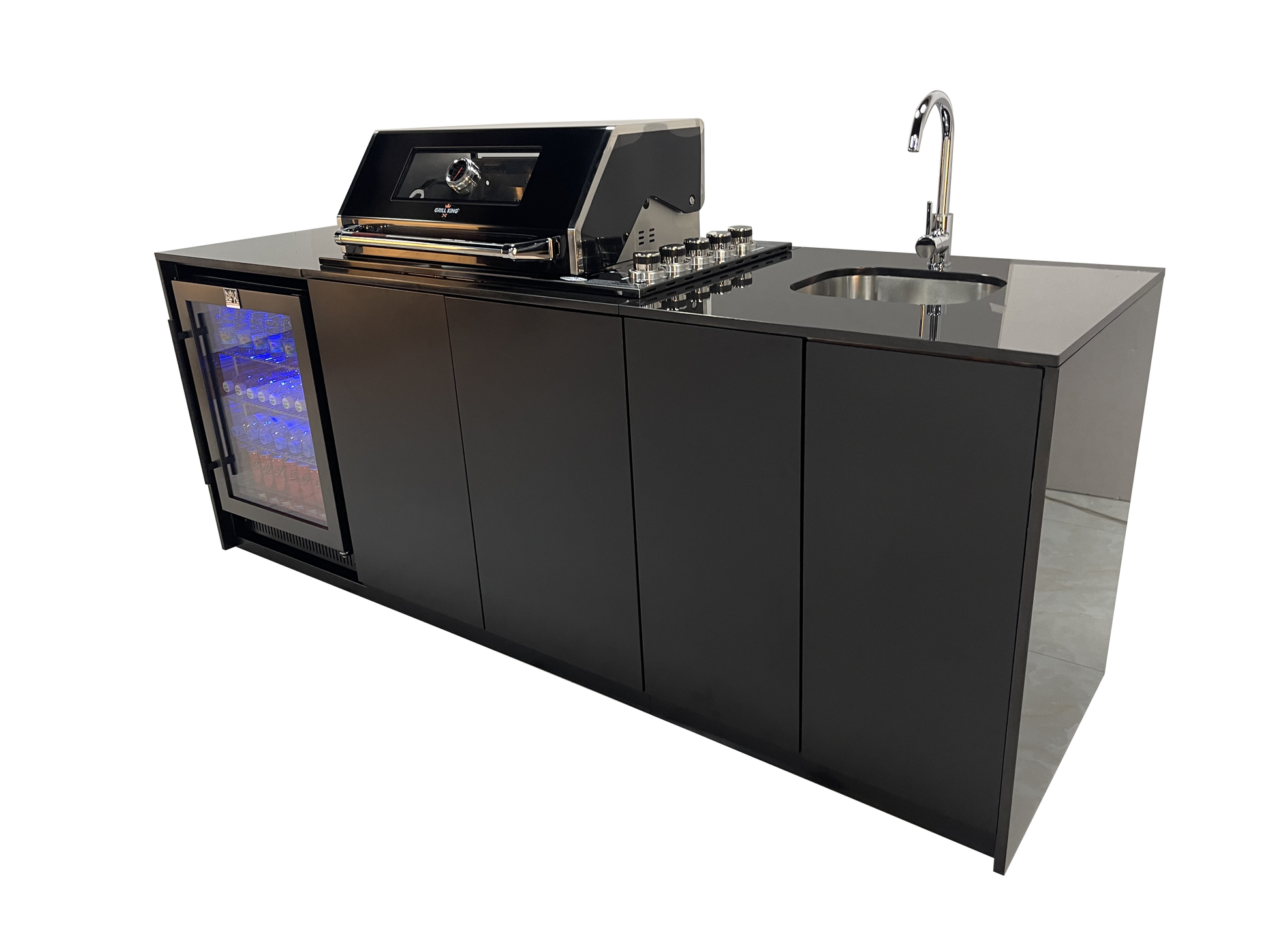 Grill King Signature Series 6 Burner Outdoor BBQ Kitchen Package – Black Stone Benchtop, Black Aluminium Cabinets, Built-In BBQ + Rotisserie