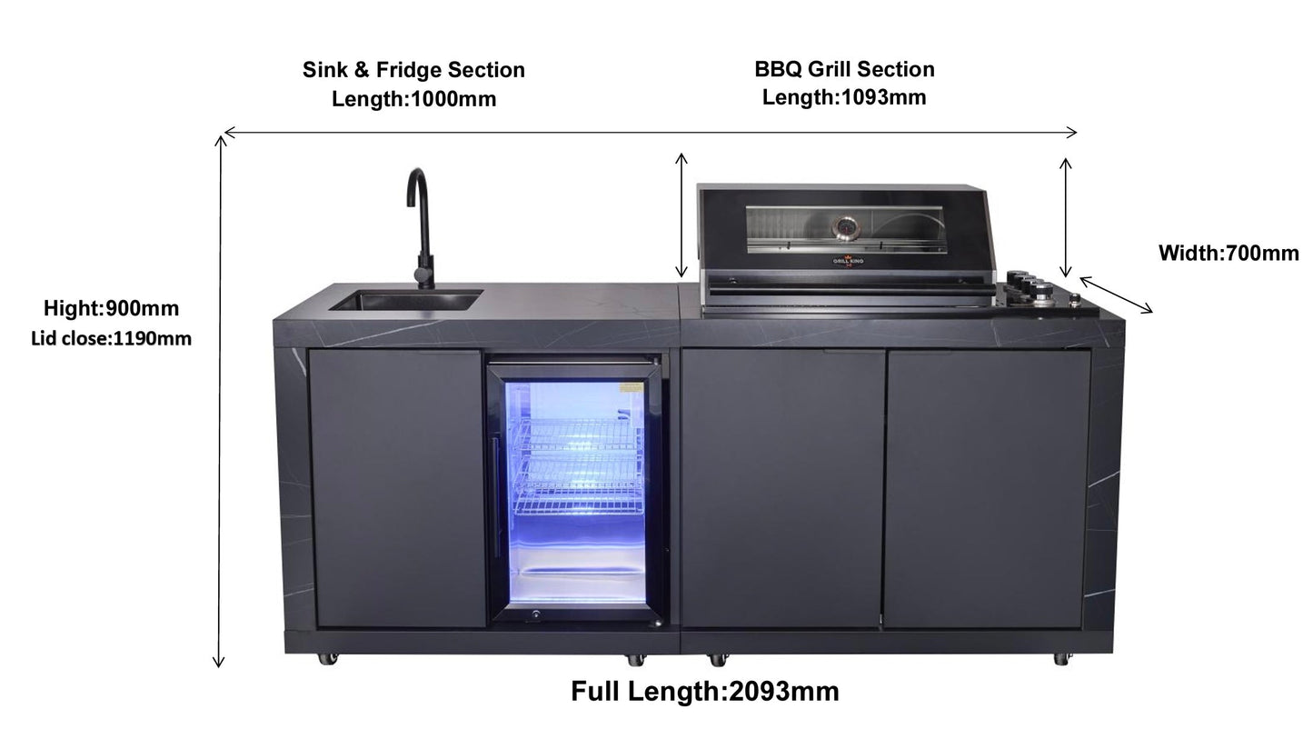 Grill Kings Rockpool Compact 2.1m Outdoor BBQ Kitchen – 4-Burner Grill, Sintered Stone Benchtop, Sink & Fridge