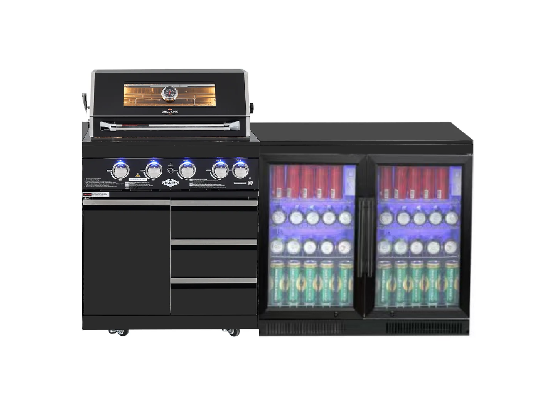 Kingsley 4 Burner Non Wok Black Stainless Steel BBQ Kitchen Package Inc 2x Storage Cupboards