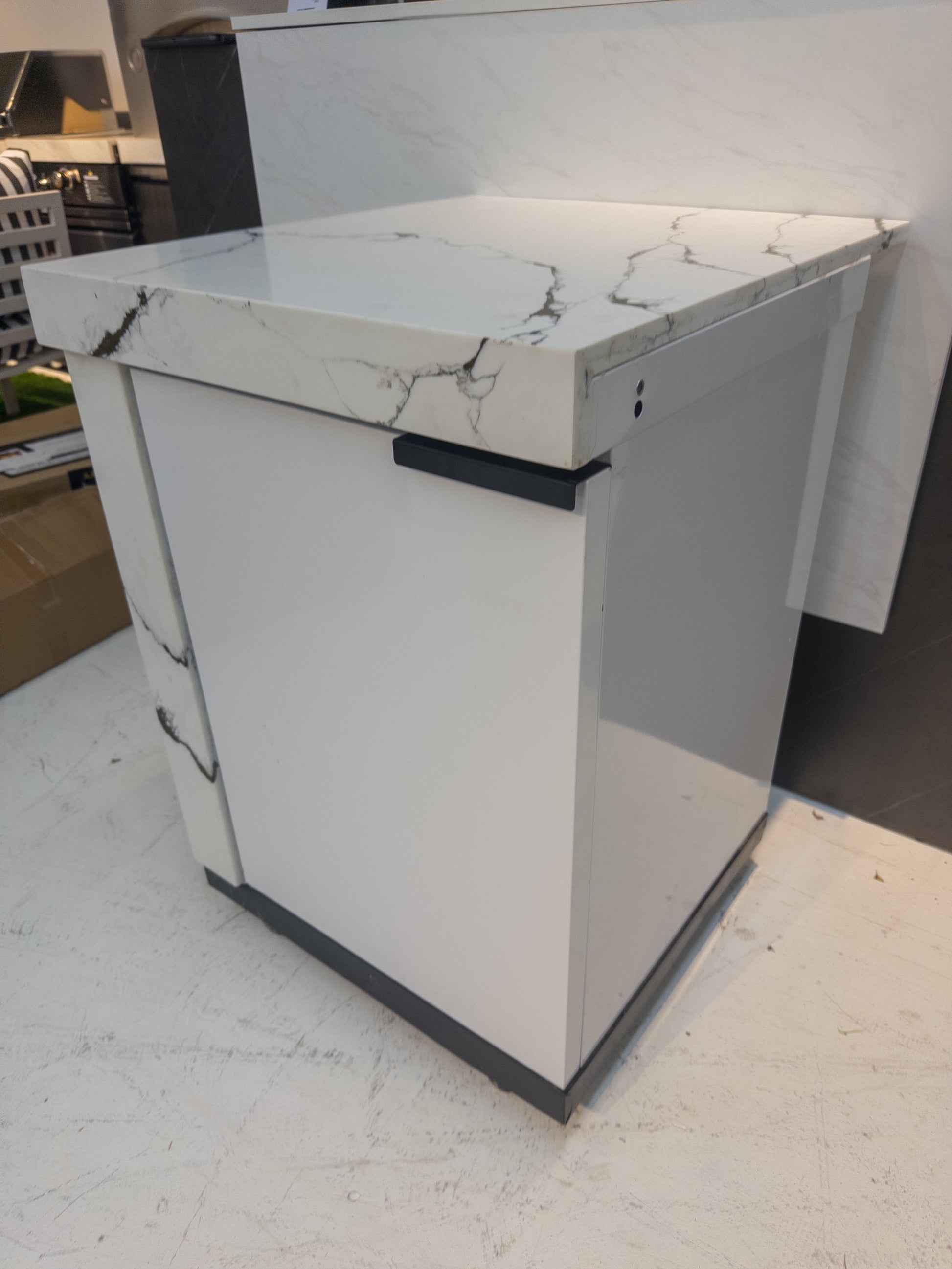 Ex Display Marble Look Stone Finish 1 Door Cabinet Waterfall Edge Custom Built Aluminum Cabinet