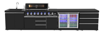 test rey 1 Kingsley 6-Burner Outdoor BBQ Kitchen: Black Stainless Steel, Stone Bench, Fridge, Sink, Height Adjustable