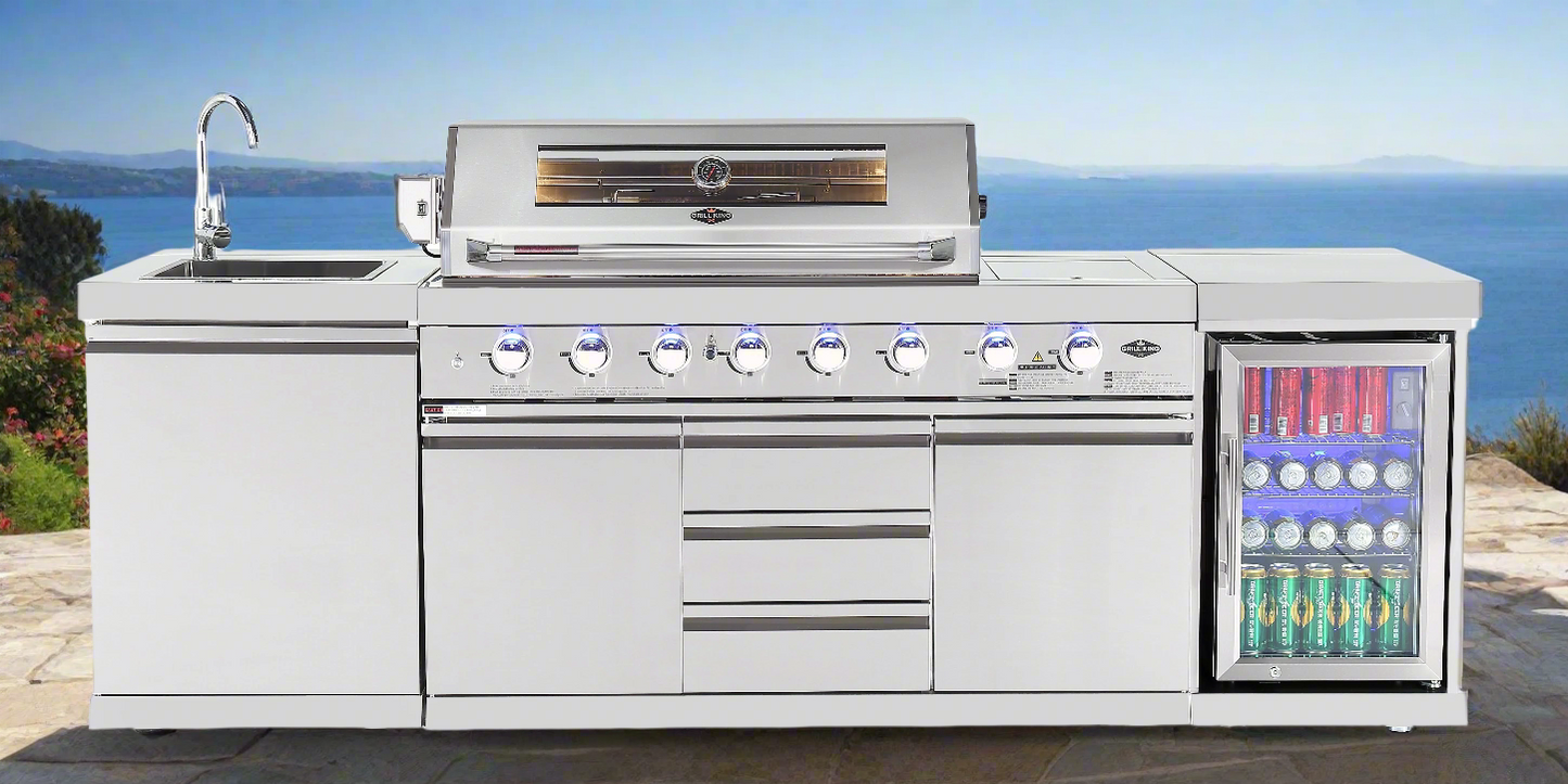 Hurricane 6-Burner Outdoor Kitchen 304 Stainless Steel BBQ Package Inc Triple Fridge, Sink, 3 Drawer Storage, Side Wok & Rear Infrared Burner