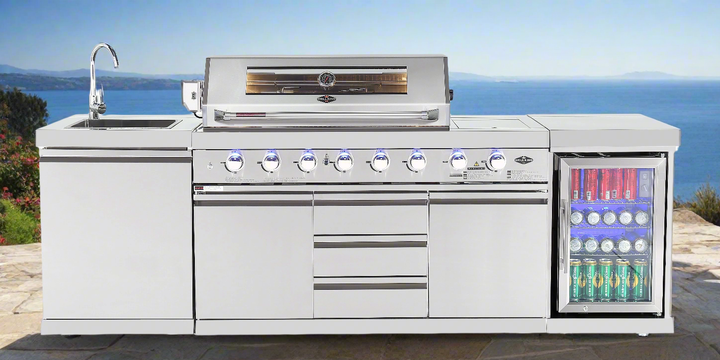 Hurricane 6-Burner Outdoor Kitchen 304 Stainless Steel BBQ Package Inc Triple Fridge, Sink, 3 Drawer Storage, Side Wok & Rear Infrared Burner