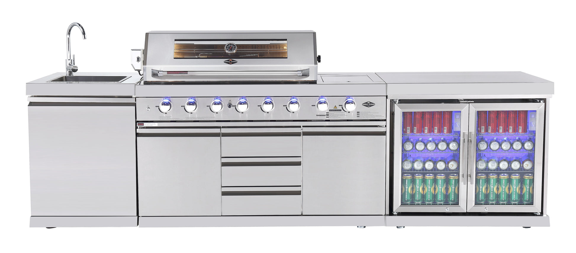 Hurricane 6-Burner Outdoor Kitchen 304 Stainless Steel BBQ Package Inc Triple Fridge, Sink, 3 Drawer Storage, Side Wok & Rear Infrared Burner