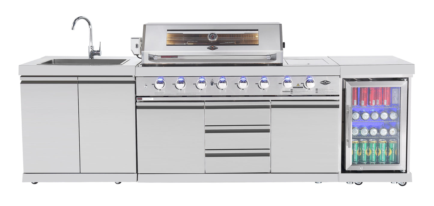Hurricane 6-Burner Outdoor Kitchen 304 Stainless Steel BBQ Package Inc Triple Fridge, Sink, 3 Drawer Storage, Side Wok & Rear Infrared Burner
