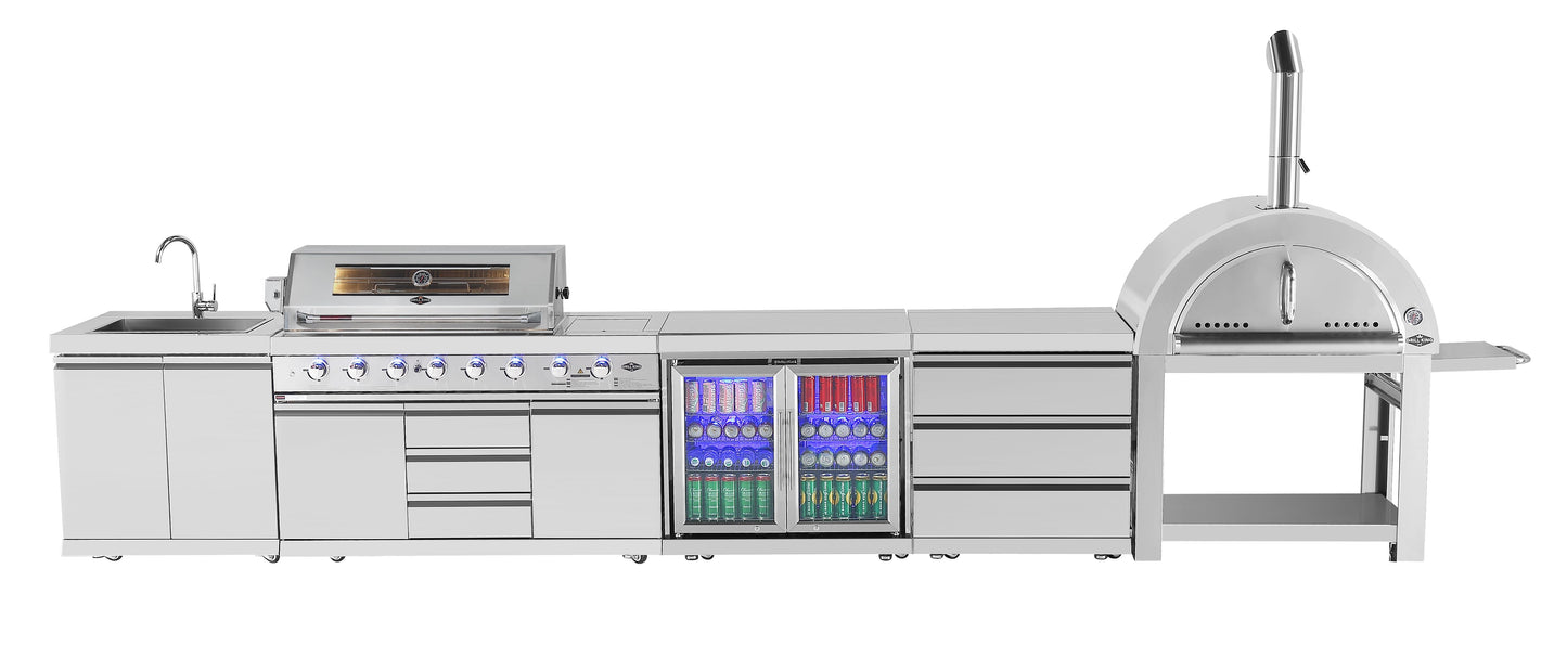 Hurricane 6-Burner Outdoor Kitchen 304 Stainless Steel BBQ Package Inc Triple Fridge, Sink, 3 Drawer Storage, Side Wok & Rear Infrared Burner