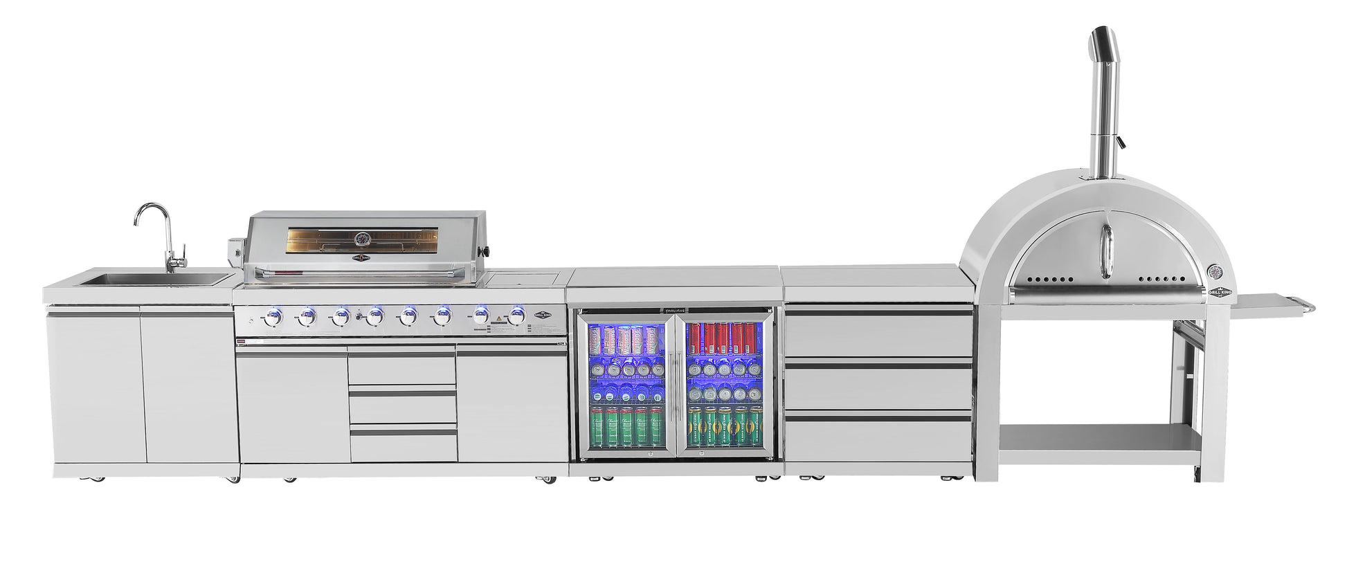 Hurricane 6-Burner Outdoor Kitchen 304 Stainless Steel BBQ Package Inc Triple Fridge, Sink, 3 Drawer Storage, Side Wok & Rear Infrared Burner