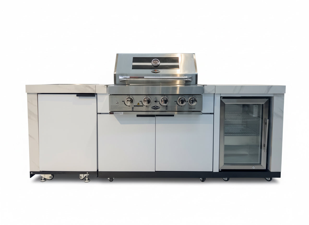 Floor Stock Rockpool White 4B: Designer Outdoor BBQ Kitchen Matt White Stone + White Doors, Fridge & Sink