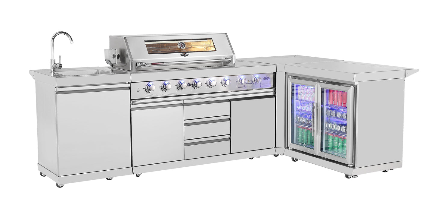 Hurricane 6-Burner Outdoor Kitchen 304 Stainless Steel BBQ Package Inc Triple Fridge, Sink, 3 Drawer Storage, Side Wok & Rear Infrared Burner