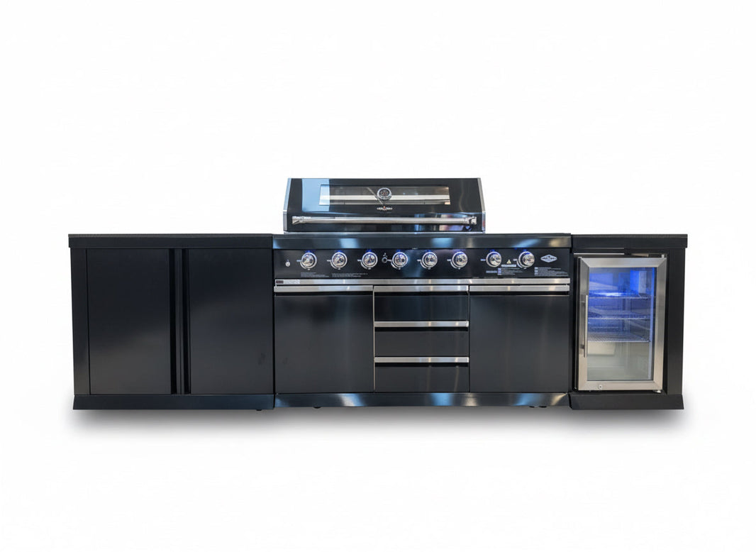 Black Stainless Floor Stock 6 Burner + Wok BBQ Kitchen + 1DR Fridge & 2DR Sink