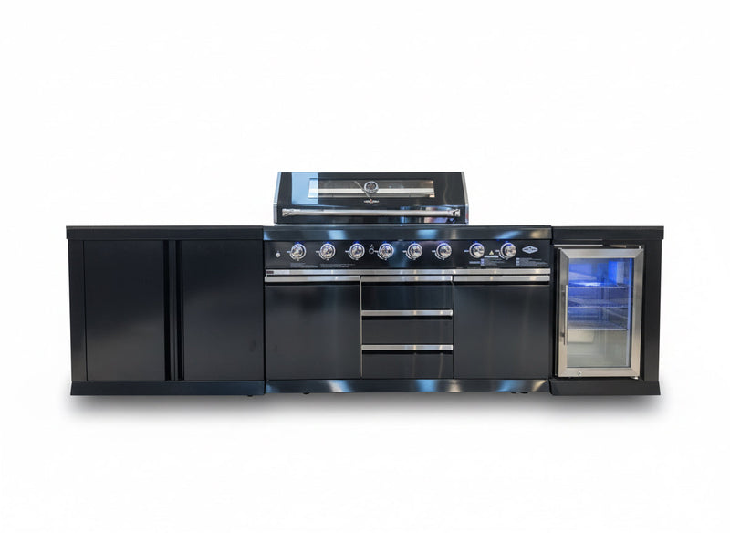 Black Stainless Floor Stock 6 Burner + Wok BBQ Kitchen + 1DR Fridge & 2DR Sink