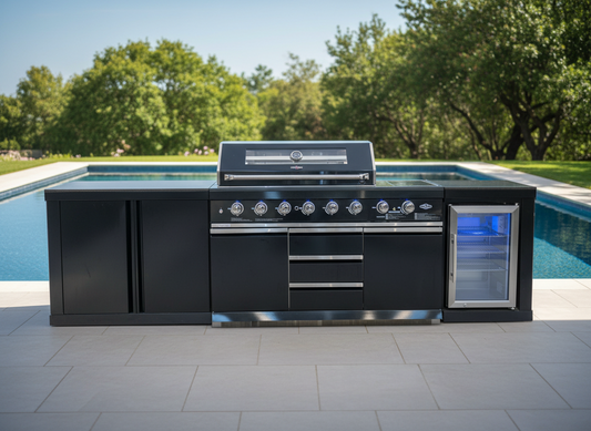 Black Stainless Floor Stock 6 Burner + Wok BBQ Kitchen + 1DR Fridge & 2DR Sink