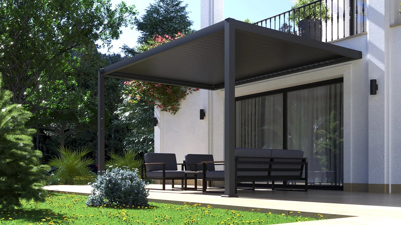 Wall Mounted 2.4x2.4M Semi Permanent Louvred Gazebo Heavy Duty Wind Resistant