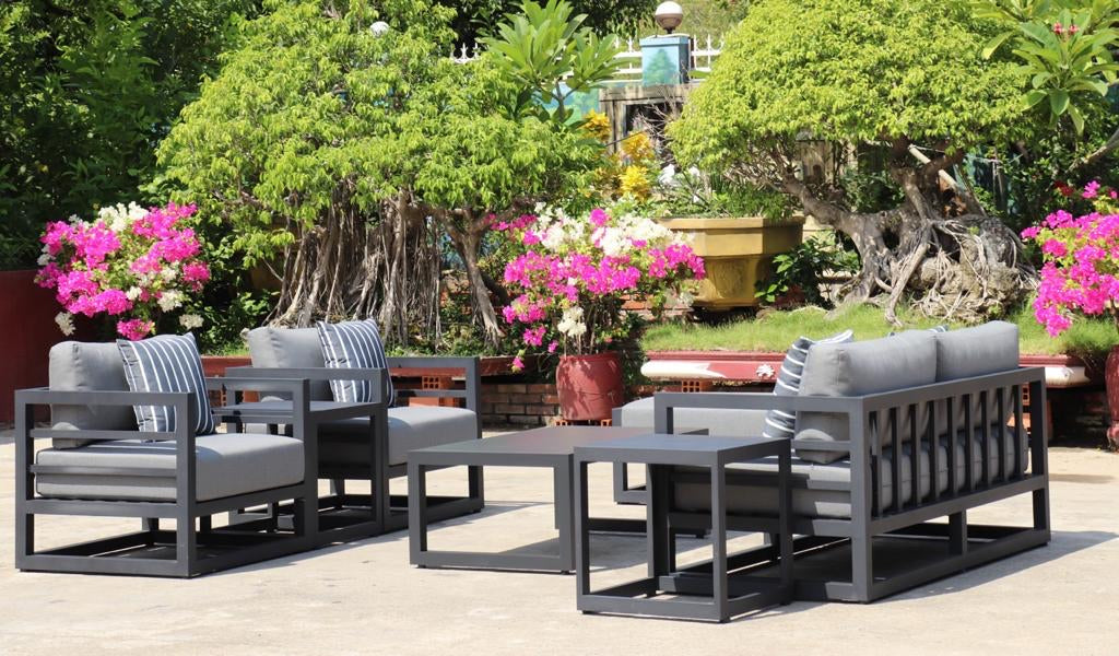 7 Piece Charcoal Aluminium Hampton Style Outdoor Furniture Lounge Set Weather Resistant 3 Seater, 1+1 + Coffee Table & 2x Side tables