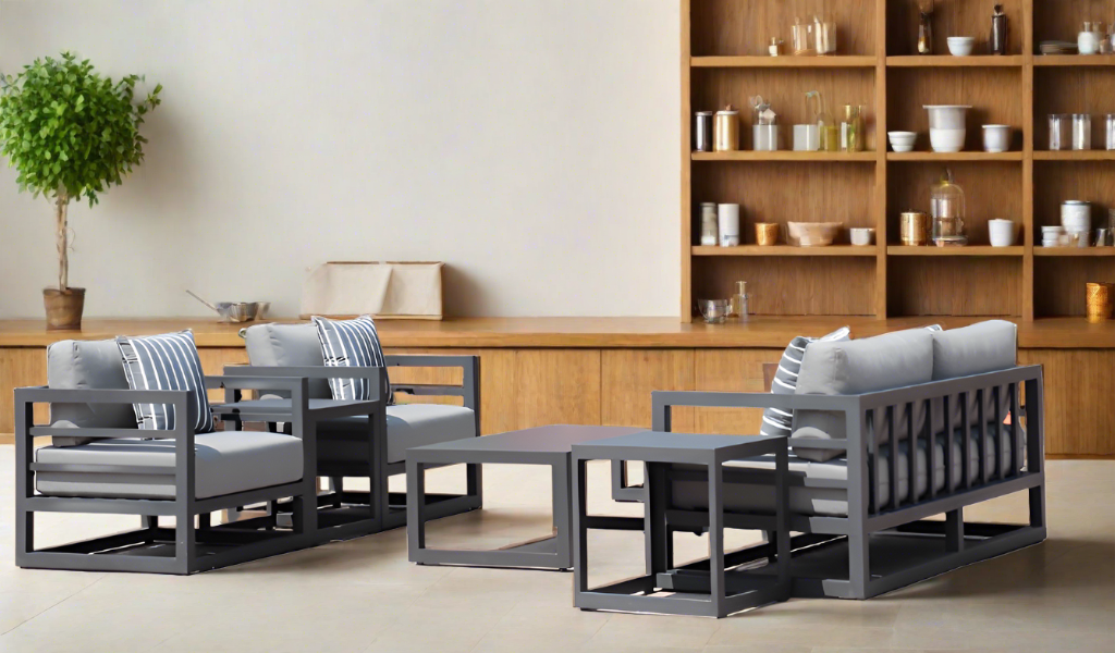 7 Piece Charcoal Aluminium Hampton Style Outdoor Furniture Lounge Set Weather Resistant 3 Seater, 1+1 + Coffee Table & 2x Side tables