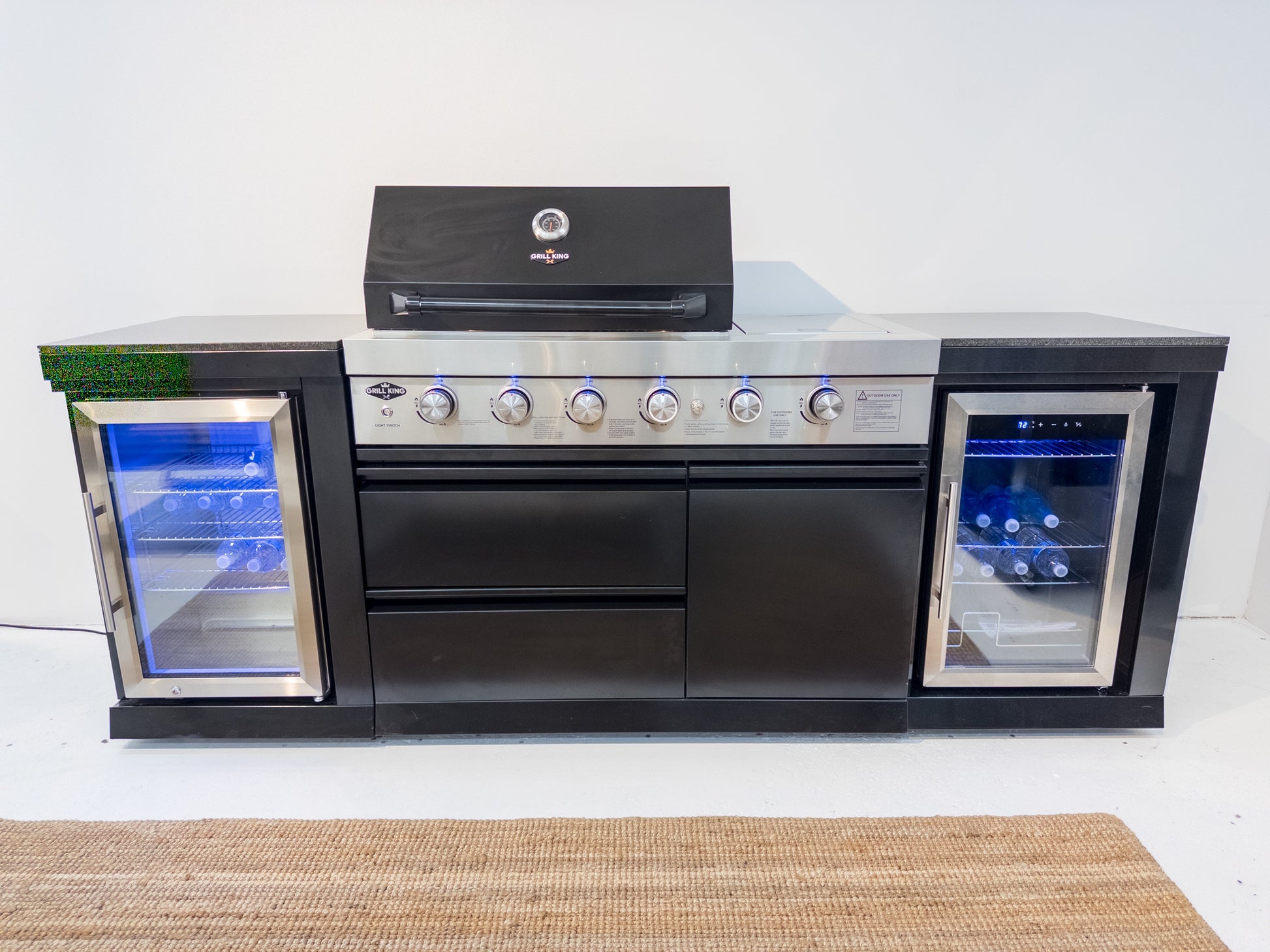 L Shape Black 304SS 4 Burner + Wok BBQ Kitchen Inc Wok & Rear Infrared Burner, Fridge & Sink