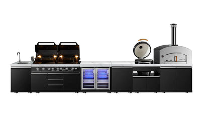 test rey 1 Element Twin Hood 8 Burner Outdoor BBQ Kitchen: High Grade 304 SS + White Stone 3.7 | 2DR Fridge + Sink + Wok Burner