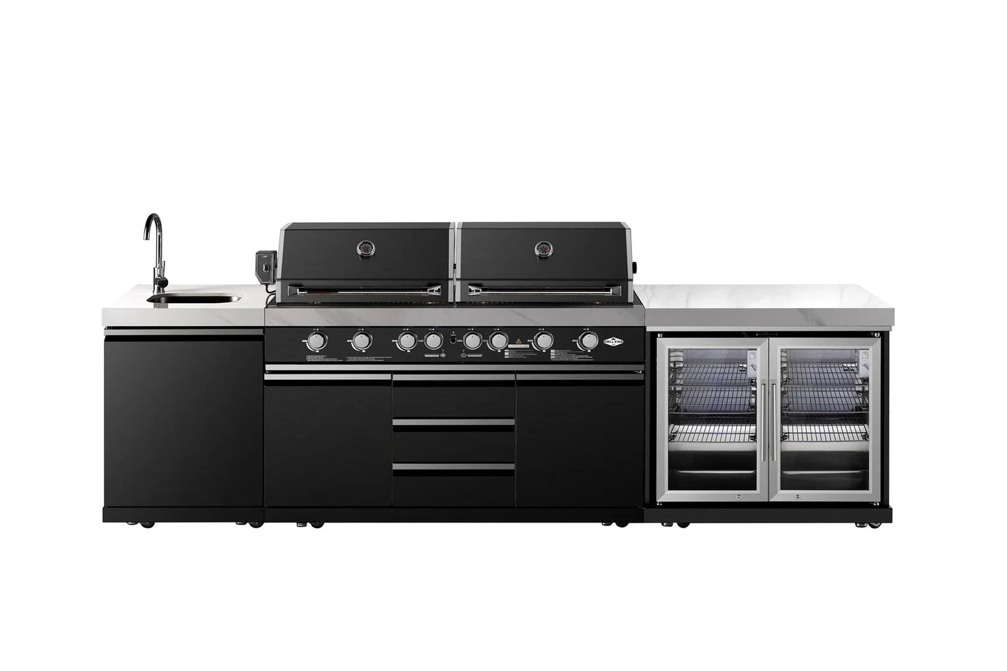 Element Twin Hood 8 Burner Outdoor BBQ Kitchen: High Grade 304 SS + White Stone 3.7 | 2DR Fridge + Sink + Wok Burner